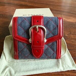 🖤Authentic BURBERRY red leather and quilted denim wallet